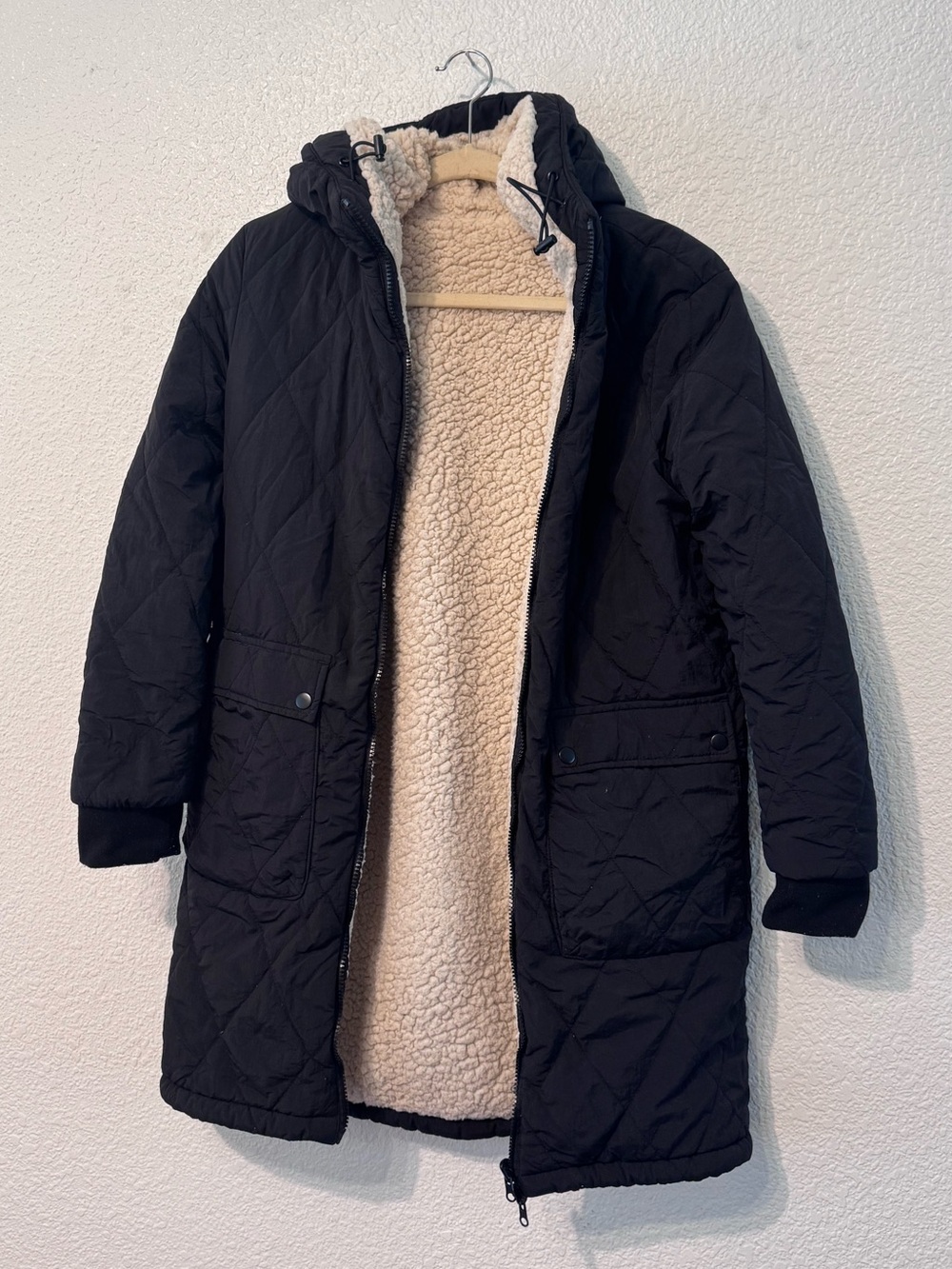 Quilted Black Hooded Puffer Coat with Cream Sherpa Lining REVERSIBLE